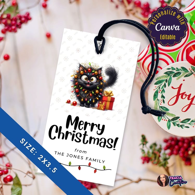 Funny Cat Merry Christmas Gift Tag – 2x3.5 Printable