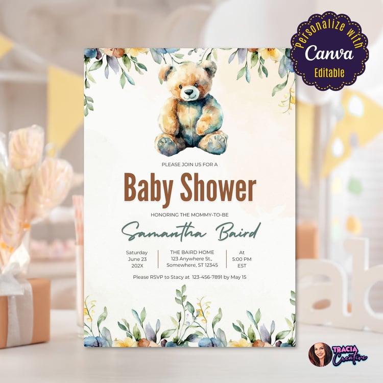 Boho Teddy Bear Baby Shower Invitation – Cute & Printable