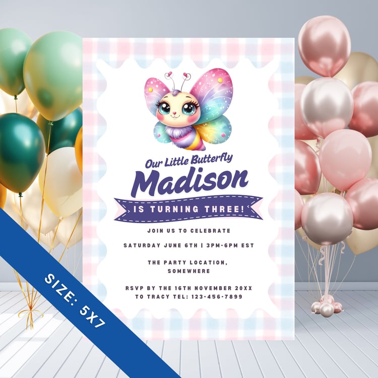 Our Little Butterfly Kids Birthday Invitation – Digital Download PDF