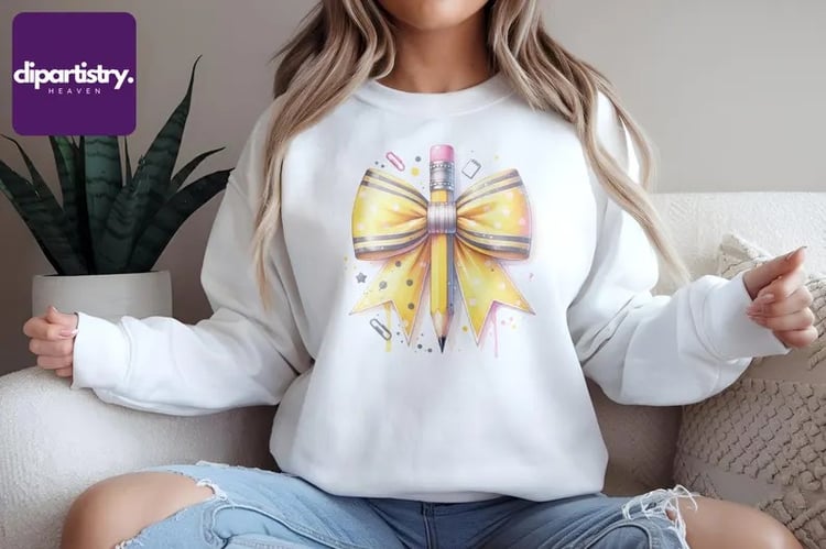 White sweatshirt featuring a yellow bow and pencil sublimation design, perfect for back-to-school and coquette-themed digital downloads.