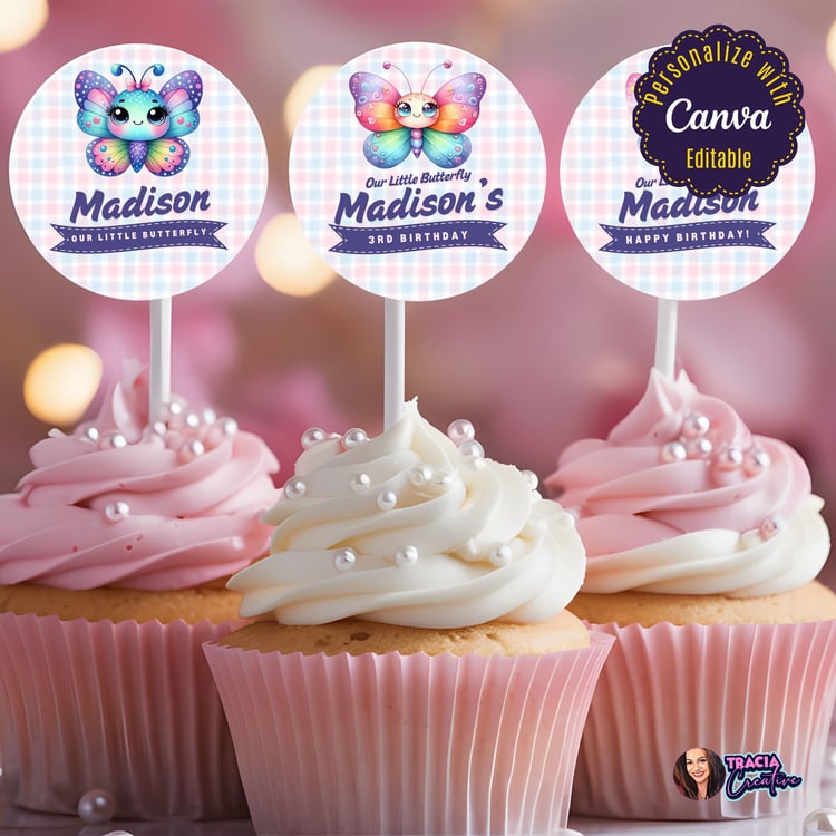 Our Little Butterfly Birthday Cupcake Topper | Editable Canva Template
