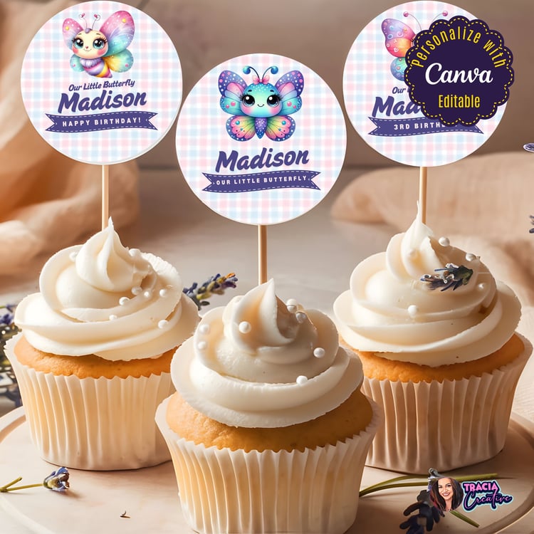 Our Little Butterfly Birthday Cupcake Topper | Editable Canva Template