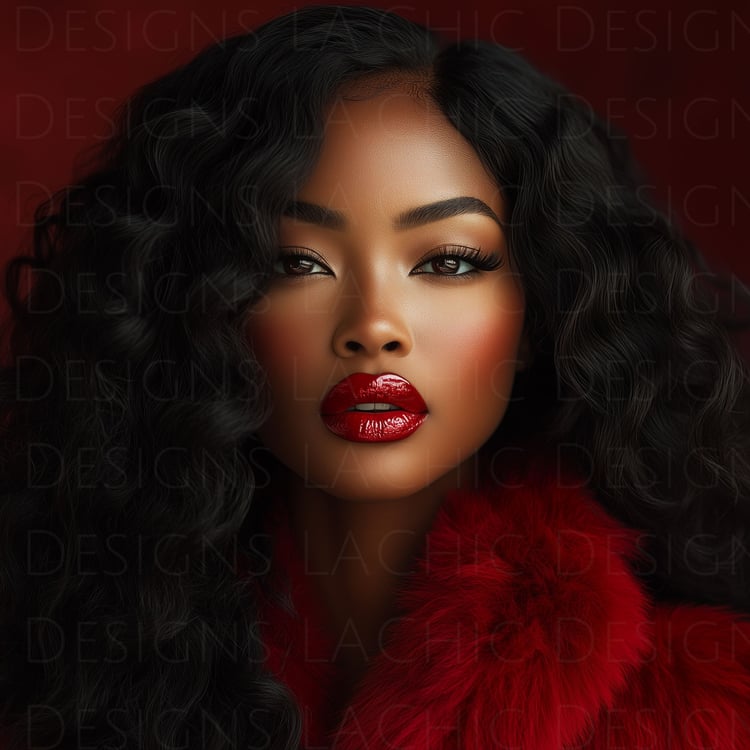 Black woman wearing red fur jacket with red lip editorial glam stock photo | Black women stock photos