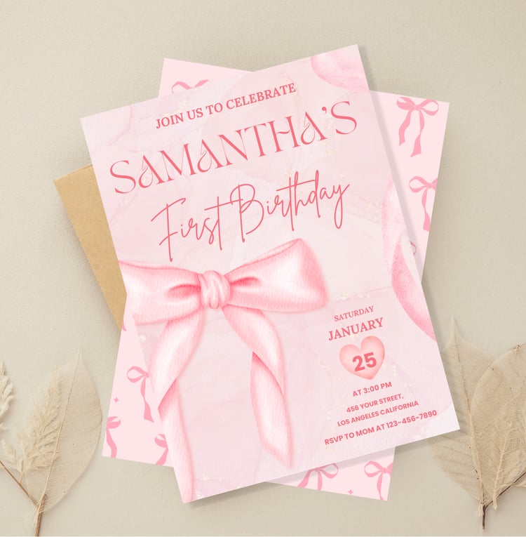 Coquette Watercolor Pink Cute Bow 1st Birthday