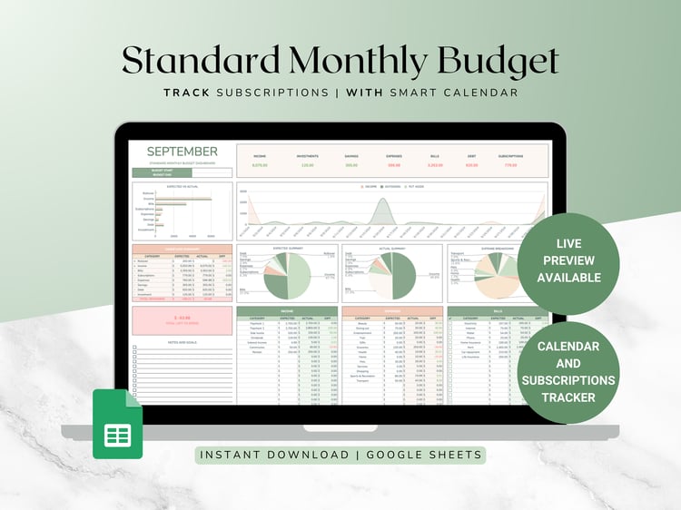 Monthly budget planner spreadsheet with graphs and a Monthly spending chart for income, savings, expenses, and debt. Ideal for Monthly financial planning.