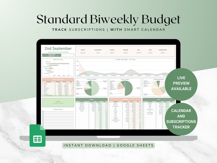 Biweekly budget planner spreadsheet with graphs and a Biweekly spending chart for income, savings, expenses, and debt. Ideal for Biweekly financial planning.
