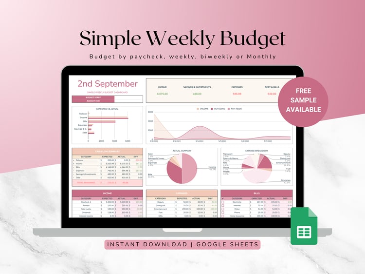 Weekly Budget Planner Spreadsheet with graphs for income, savings, expenses, and debt tracking. Includes a free sample. Plan your finances effectively with this limited-time offer!