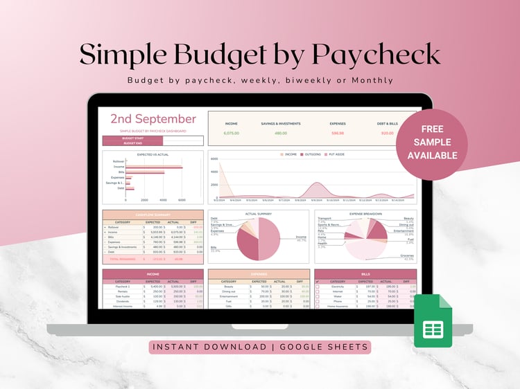 Budget planner by paycheck made easy with this planner featuring graphs and charts for tracking income, savings, expenses, and debt. Ideal for financial planning and organization.
