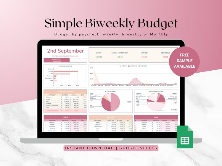 Biweekly Budget Planner Spreadsheet with graphs for income, savings, expenses, and debt tracking. Includes a free sample. Plan your finances effectively with this limited-time offer!