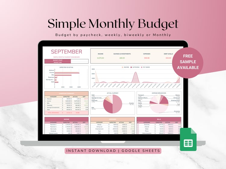 Monthly Budget Planner Spreadsheet with graphs for income, savings, expenses, and debt tracking. Includes a free sample. Plan your finances effectively with this limited-time offer!