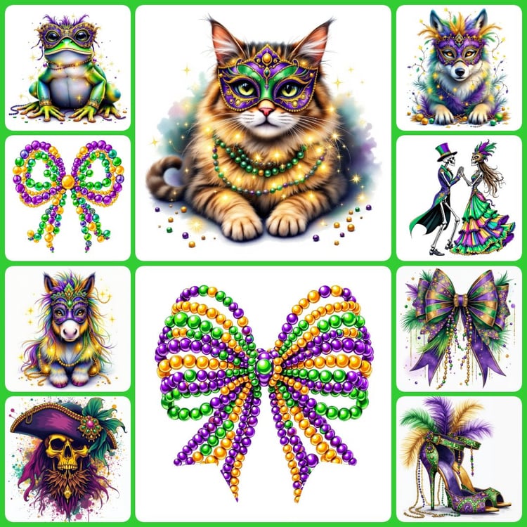 Mardi Gras, Carnival, festive celebration, colorful masks, beaded necklaces, Mardi Gras artwork, masquerade, playful designs, party decor, festive artwork, vibrant colors, joyful spirit, Mardi Gras gifts, fun t-shirt designs, New Orleans celebration