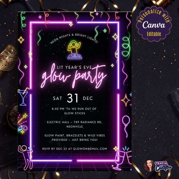 Editable New Year's Eve Glow Party Invitation – 5x7 Design