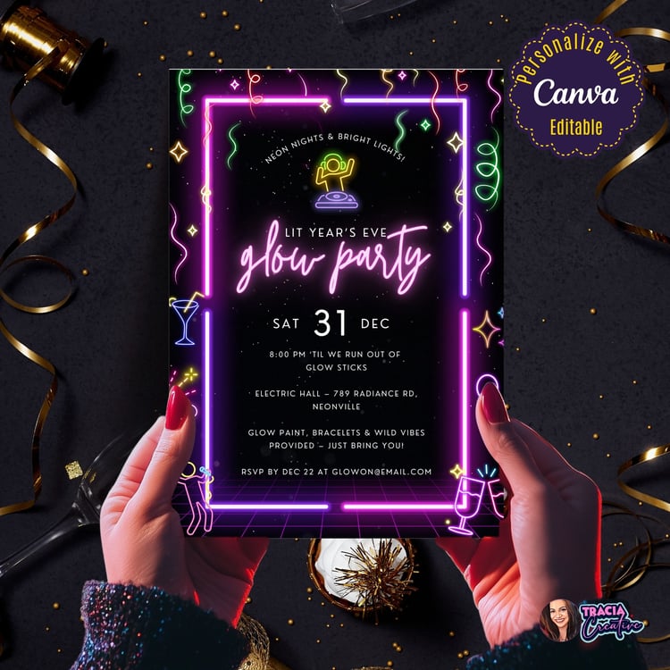 Editable New Year's Eve Glow Party Invitation – 5x7 Design