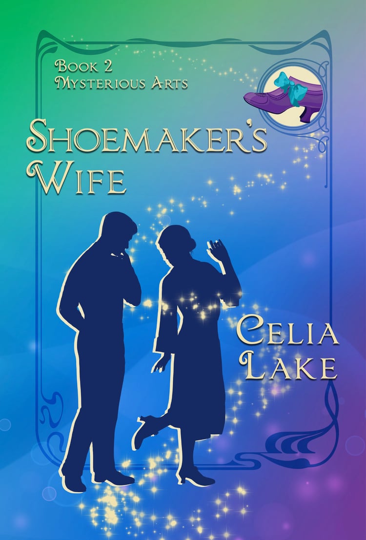 The cover of Shoemaker's Wife has a man and woman in silhouette on a vibrant background of green shading through blue to purple. The woman is standing on one foot with one hand in the air, lifting the other and looking over her shoulder at the shoe while 