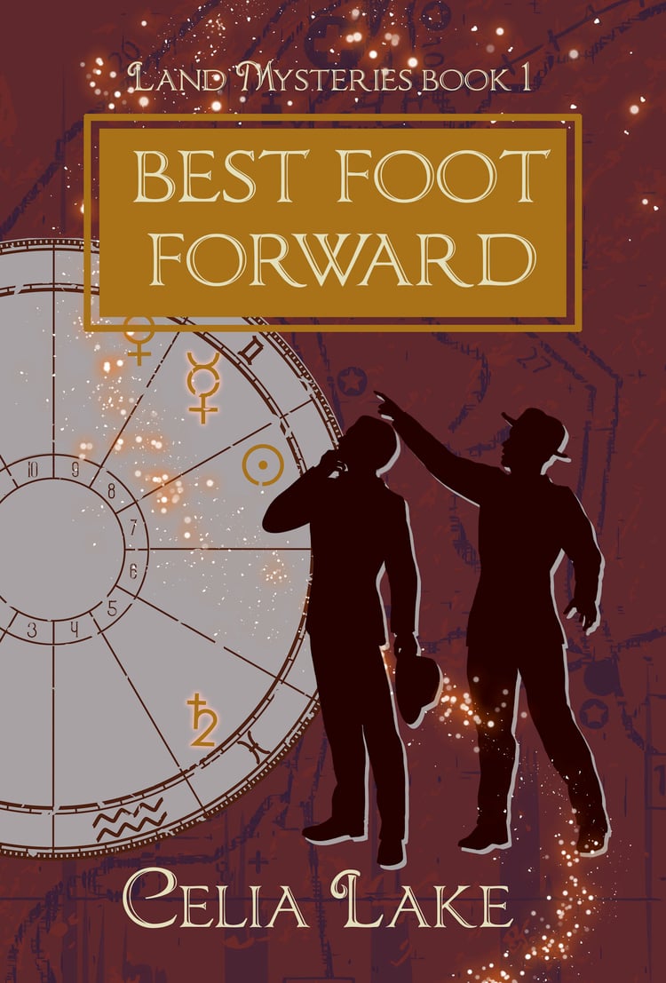 The cover of Best Foot Forward has a deep red background with map markings in a dull purple. Two men in silhouette stand, looking up at a point in the top left. An astrology chart with different symbols picked out takes up the left side of the image, with