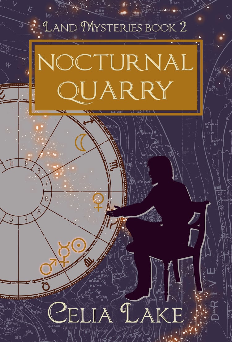 The cover of Nocturnal Quarry has Alexander silhouetted seated in a chair, leaning forward, one leg crossed over the other against a purple background with a map of Manhattan. An astrological chart to the left has the symbols for the Sun, Mercury, and Mar