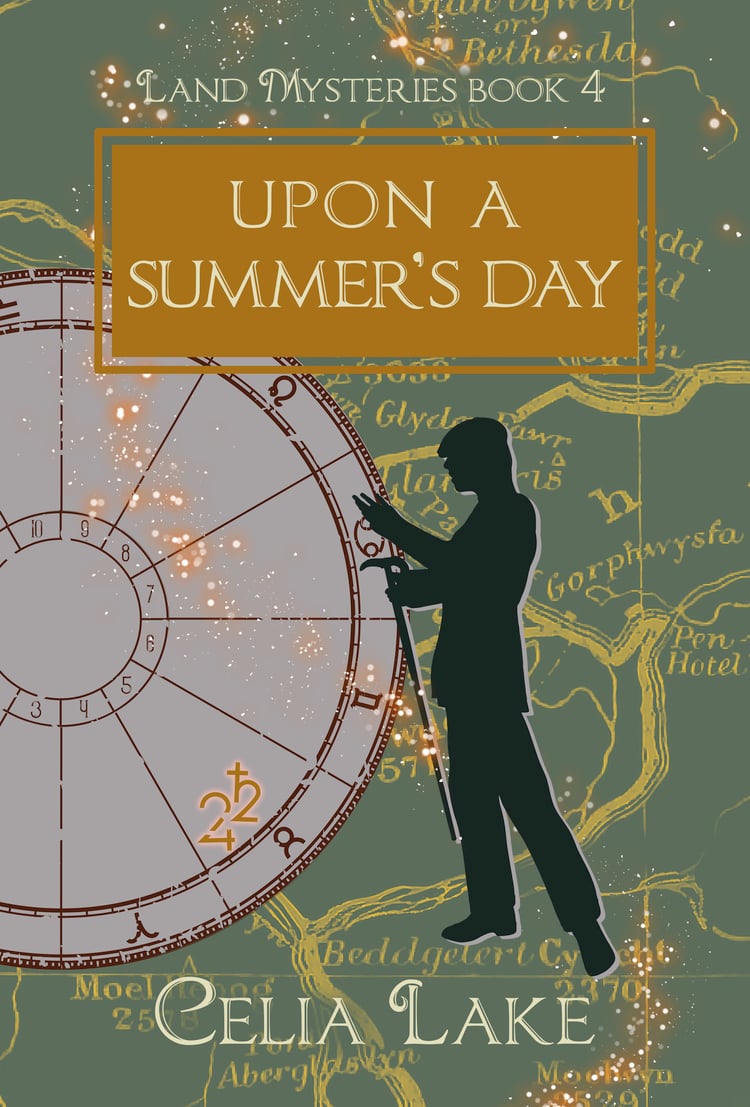 The cover of Upon A Summer's Day shows a man in a suit silhouetted over a map of northern Wales in a muted green. He is gesturing, holding his cane in one hand, a cap on his head. Behind him is an astrological chart, with Jupiter and Saturn highlighted in