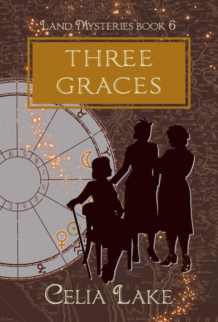The cover of Three Graces has three women in silhouette, two standing and one sitting, her hand resting on a cane. All three are wearing clothes from during the Second World War, against a deep brown cover with a map. An astrology chart to the back left h