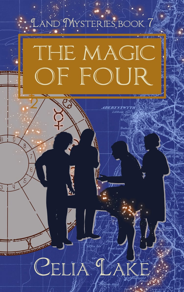 The Magic of Four: Four students in silhouette on a blue background of a map off the west coast of Wales. Three stand around a table, the fourth is perched on the near corner, leaning forward and gesturing.