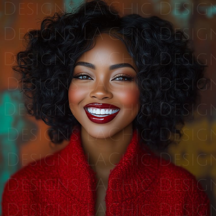 Black woman Stock Photo | African American woman Wearing red lipstick and Red Sweater
