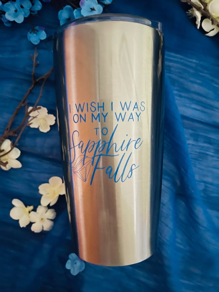 Sapphire Falls Stainless Steel Travel mug displayed