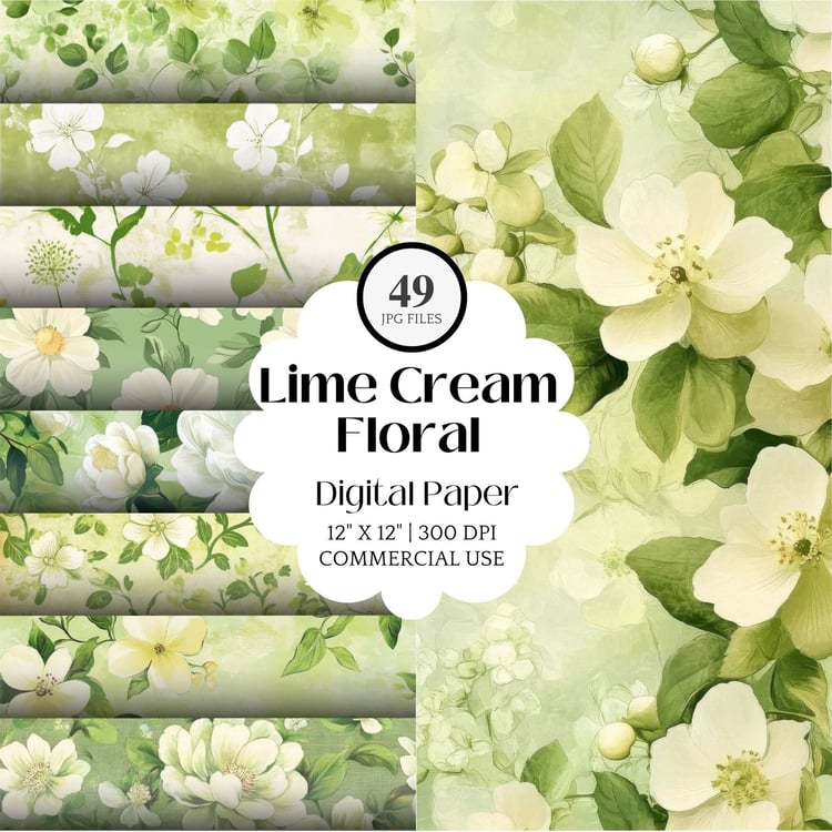 lime cream green floral digital paper