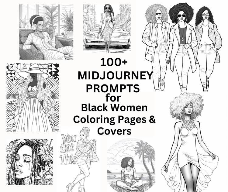 midjourney prompts for black woman coloring pages and book covers