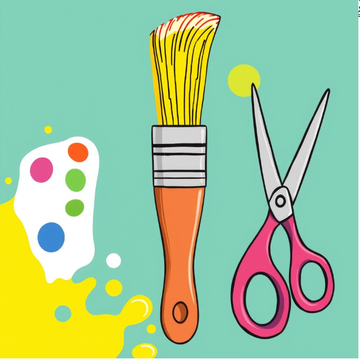 Illustrations of a paintbrush,and scissors.