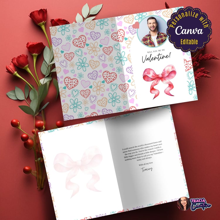 Pretty Pastel Valentine’s Day Card editable Canva template and 5x7 printable PDF for heartfelt celebrations.