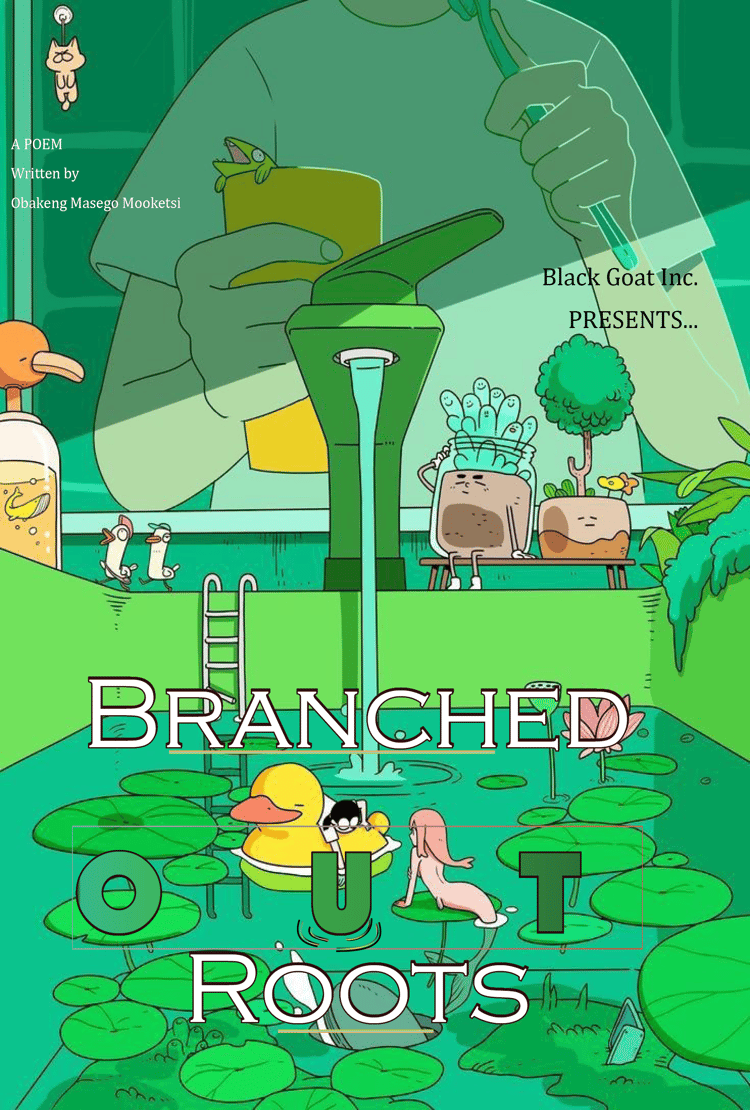 Cover art for the poem Branched Out Roots by Obakeng Masego Mooketsi. This anime-style illustration features a lush green basin filled with water, adorned with floating water lilies. Inside the basin, a miniature girl rides a yellow rubber duck, accompanied by a pink mermaid watching nearby. Beneath the water, miniature trees and plants grow vibrantly, adding depth to the scene. Outside the basin, a boy is reflected in a mirror, holding a yellow smartphone and brushing his teeth near the basin. The toothbrush stand on top of the basin blends seamlessly with the whimsical environment. This artistic and imaginative design captures the essence of creativity and nature.