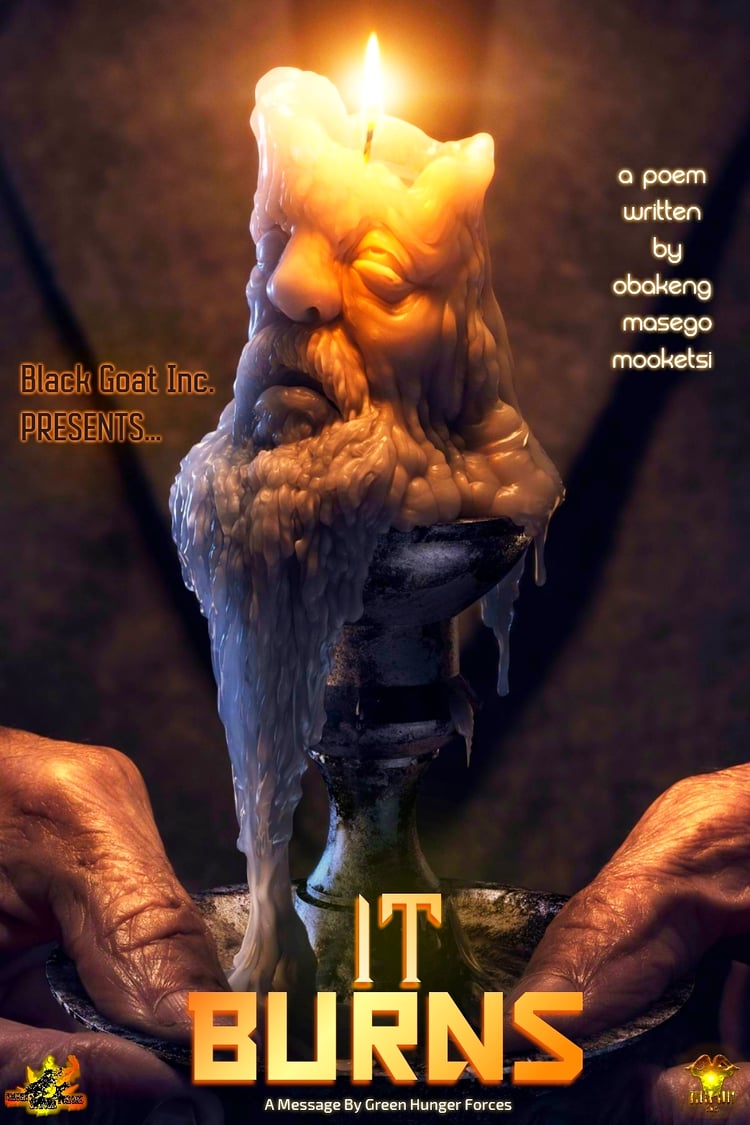 The cover image for the poem "IT BURNS" captures a surreal and emotional moment with striking visuals. It features the close-up of frail, aged hands belonging to an old man, delicately holding a melting candle. The candle is a work of surrealism, with its wax head sculpted into a human face. As the candle burns, the dripping wax forms a beard-like appearance, adding a profound, symbolic dimension to the image. The wax cascades down toward a polished candle stand, creating a striking visual of time, decay, and resilience. The dim, warm lighting enhances the mood of the image, reflecting the depth and poignancy of the poem's theme. This visually stunning composition encapsulates the essence of fragility, burning passion, and fleeting existence.