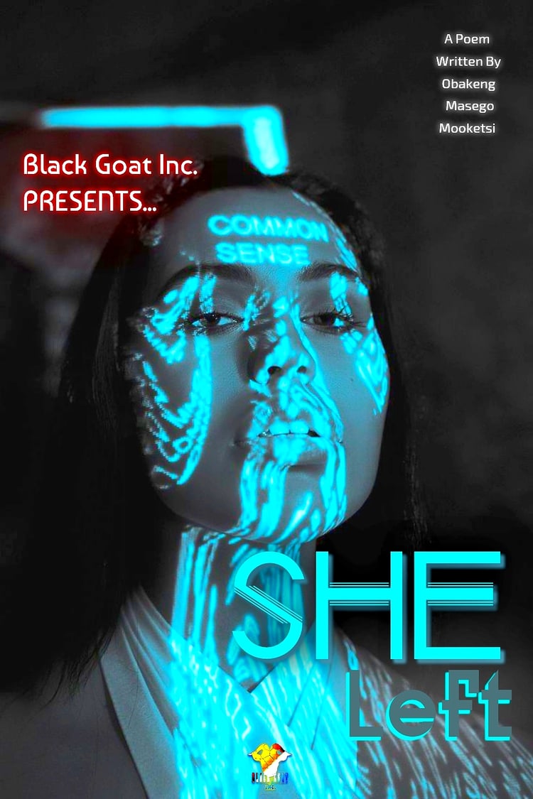 The cover image for the poem "SHE LEFT" is a mesmerizing portrait of a woman that captures depth and intrigue. The composition centers on a beautiful woman with long, flowing hair, gazing directly into the camera with a blank yet thought-provoking expression. Her face is illuminated by a striking blue neon light, which casts a surreal glow across her features. On her forehead, the words "Common Sense" radiate boldly, blending symbolism with visual appeal. The minimalist background and soft, ethereal lighting emphasize her expression, while the blue neon creates a futuristic and contemplative tone. This image perfectly encapsulates the poem's evocative narrative, combining beauty, mystery, and a subtle sense of introspection.