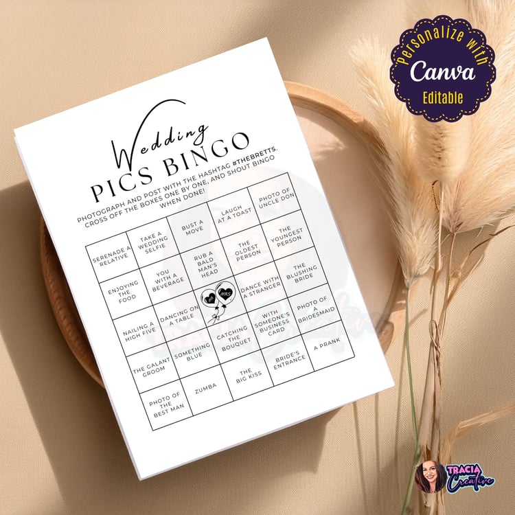 Editable Minimalist Wedding Pics Bingo Canva template, 5x7 inches, printable wedding game for receptions.