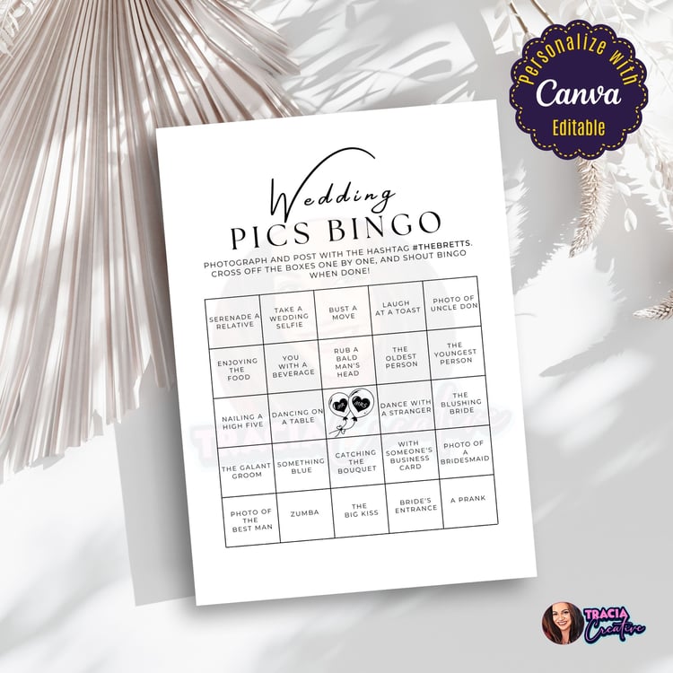 Editable Minimalist Wedding Pics Bingo Canva template, 5x7 inches, printable wedding game for receptions.