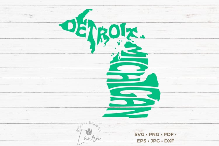 This design features the words Detroit Michigan, creatively arranged in the shape of the state of Michigan.
