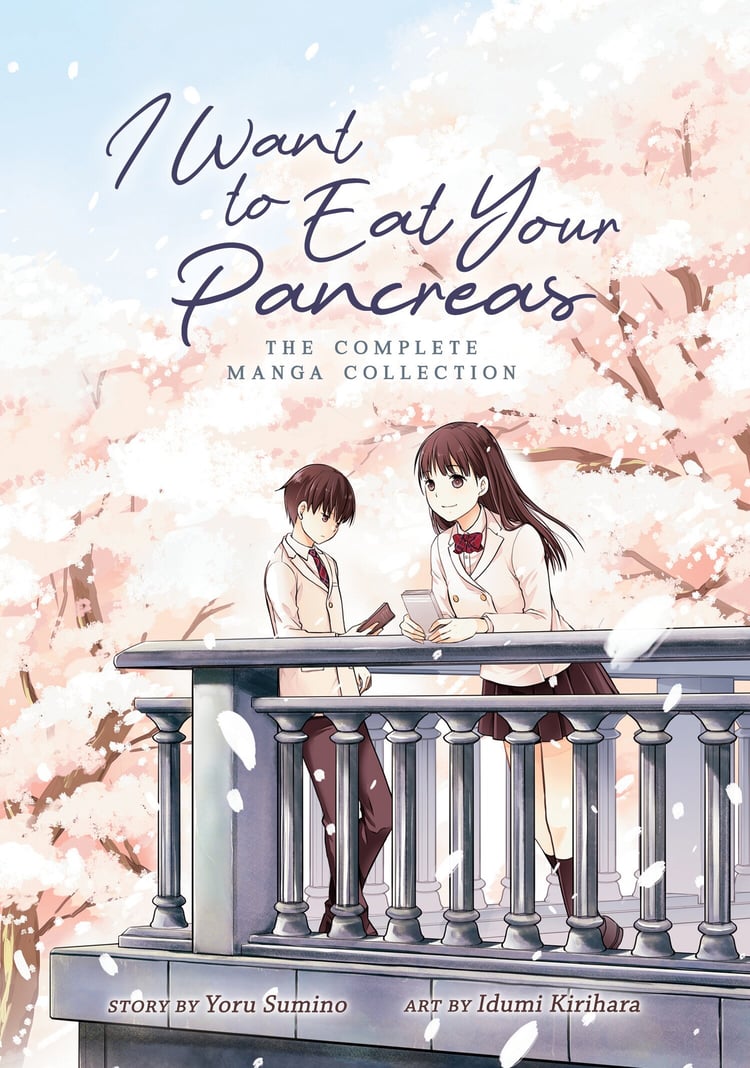 Cover of 'I Want to Eat Your Pancreas: The Complete Manga Collection' by Yoru Sumino and Idumi Kirihara, featuring two high school students standing together surrounded by cherry blossoms.