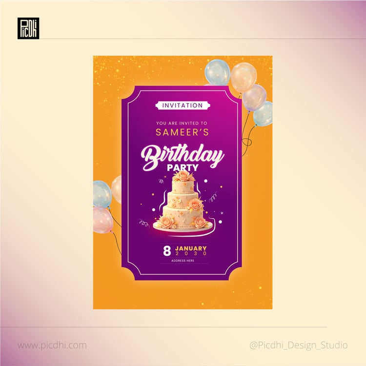 Colorful Yellow purple birthday party invitation template