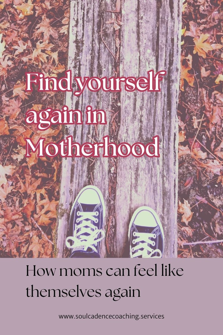 Woman walking in a forest alone in fall. Text reads "Find yourself again in motherhood. How moms can feel like themselves again." There are muted fall colors and feminine colors.