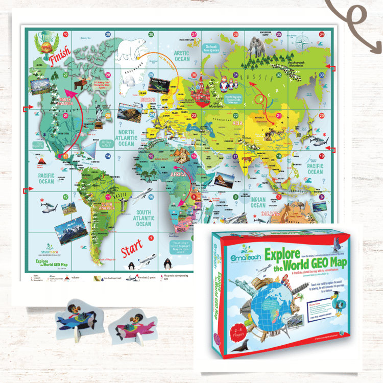 smarTeach Explore the World GeoMap Board Game – fun and educational geography game for kids to learn about rivers, mountains, oceans, and seas through interactive play.