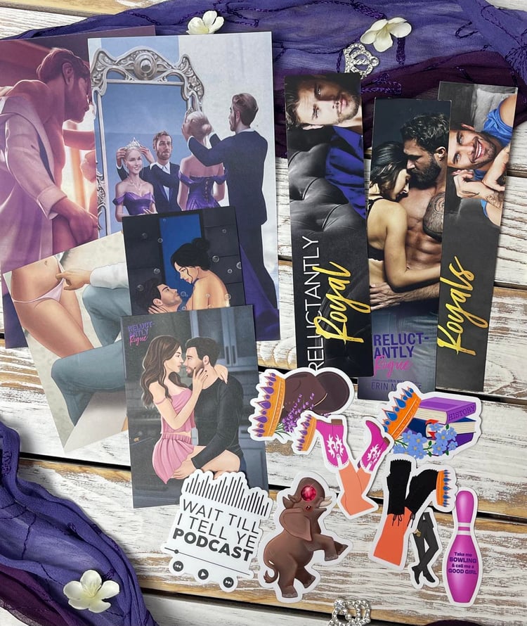 character art, stickers, and bookmarks displayed