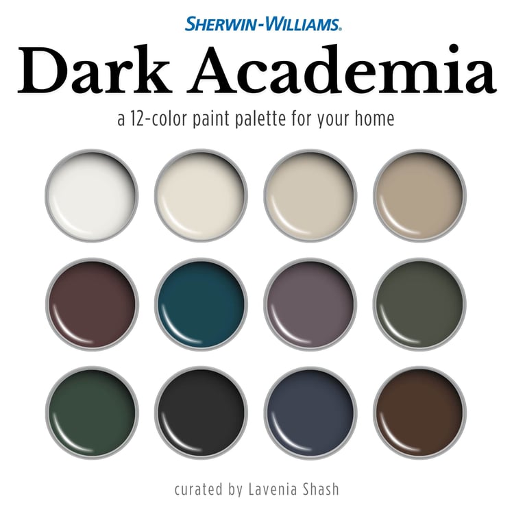 Dark Academia color palette with Sherwin Williams paint scheme. Whole house interior and exterior coordinating colors with deep blues, green, purples, brown and black. Digital download design by Lavenia Shash.
