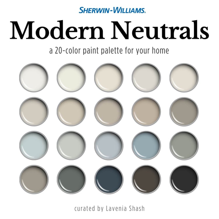 A Modern Neutrals color palette with Sherwin Williams paints. The timeless color scheme includes white, gray, beige, green, blue, brown and black. Moody muted tones and earthy neutrals. Curated and designed by Lavenia Shash.