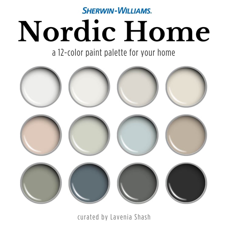 A Nordic Scandinavian minimalist color palette with Sherwin Williams paint colors. Coordinating and complementary colors of white, gray, griege, beige, blue, green, blush pink and black for the whole house. Curated by Lavenia Shash.