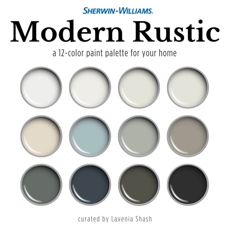 A Modern Rustic, Mountain Farmhouse color palette with Sherwin Williams paint colors. Coordinating and complementary colors of white, gray, griege, beige, blue, green, brown and black for the whole house interior. Curated by Lavenia Shash.