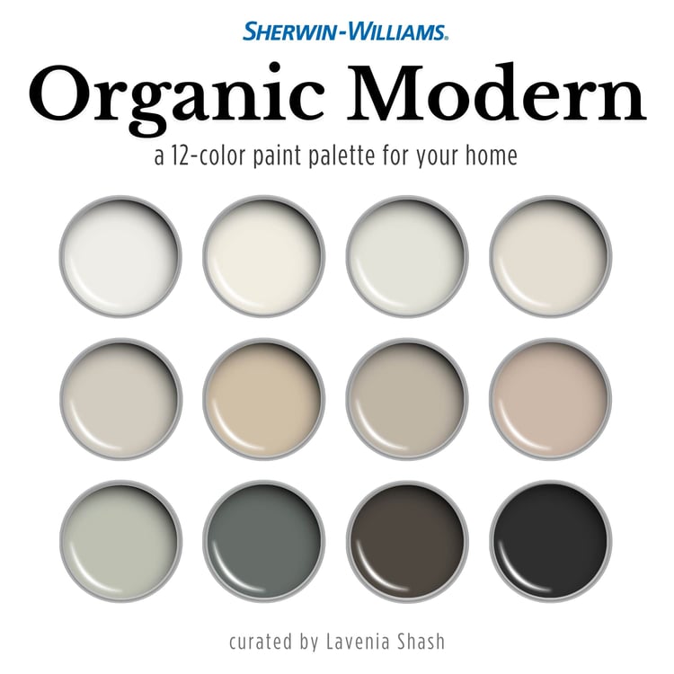 An Organic Modern color palette with Sherwin Williams paints. The neutral earth tone color scheme includes white, gray, beige, green, blush, brown and black. Moody earth tones and earthy neutrals. Curated and designed by Lavenia Shash.