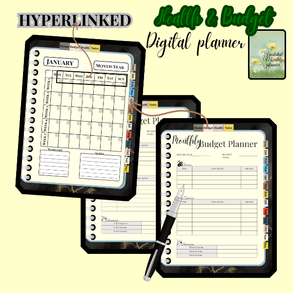 A mockup of Health & budget digital planner