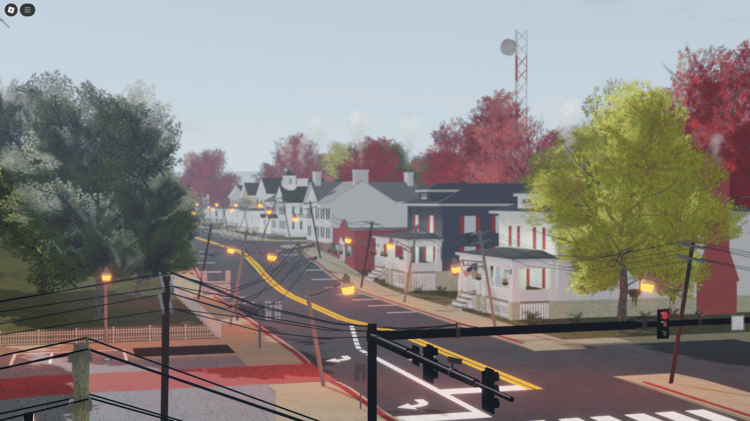 Overview of the Moorefield, West Virginia Roblox map featuring rural roads and a lively downtown area.