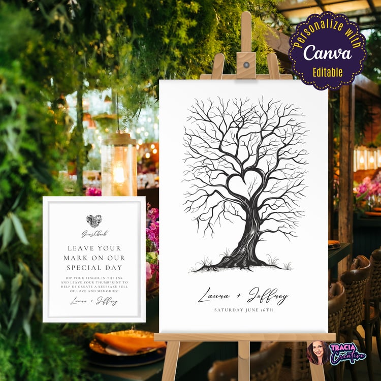 Customizable wedding guestbook sign with thumbprint tree design.