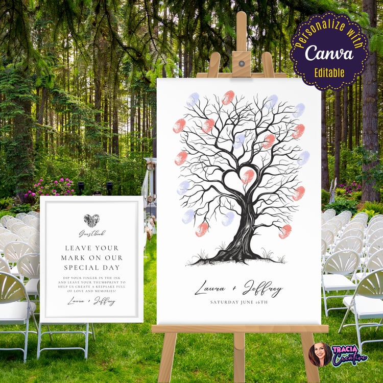 Customizable wedding guestbook sign with thumbprint tree design.