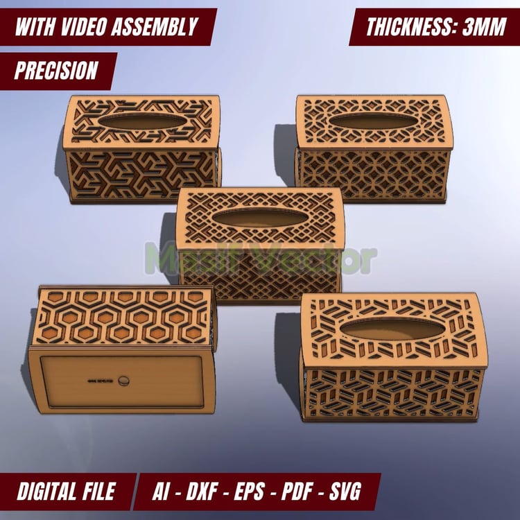 Laser-cut rectangular tissue box with intricate geometric patterns on all sides and the top. Features a sliding bottom cover for easy refills, perfect for modern home decor, office use, or gifting. Includes DIY SVG files for crafting enthusiasts.